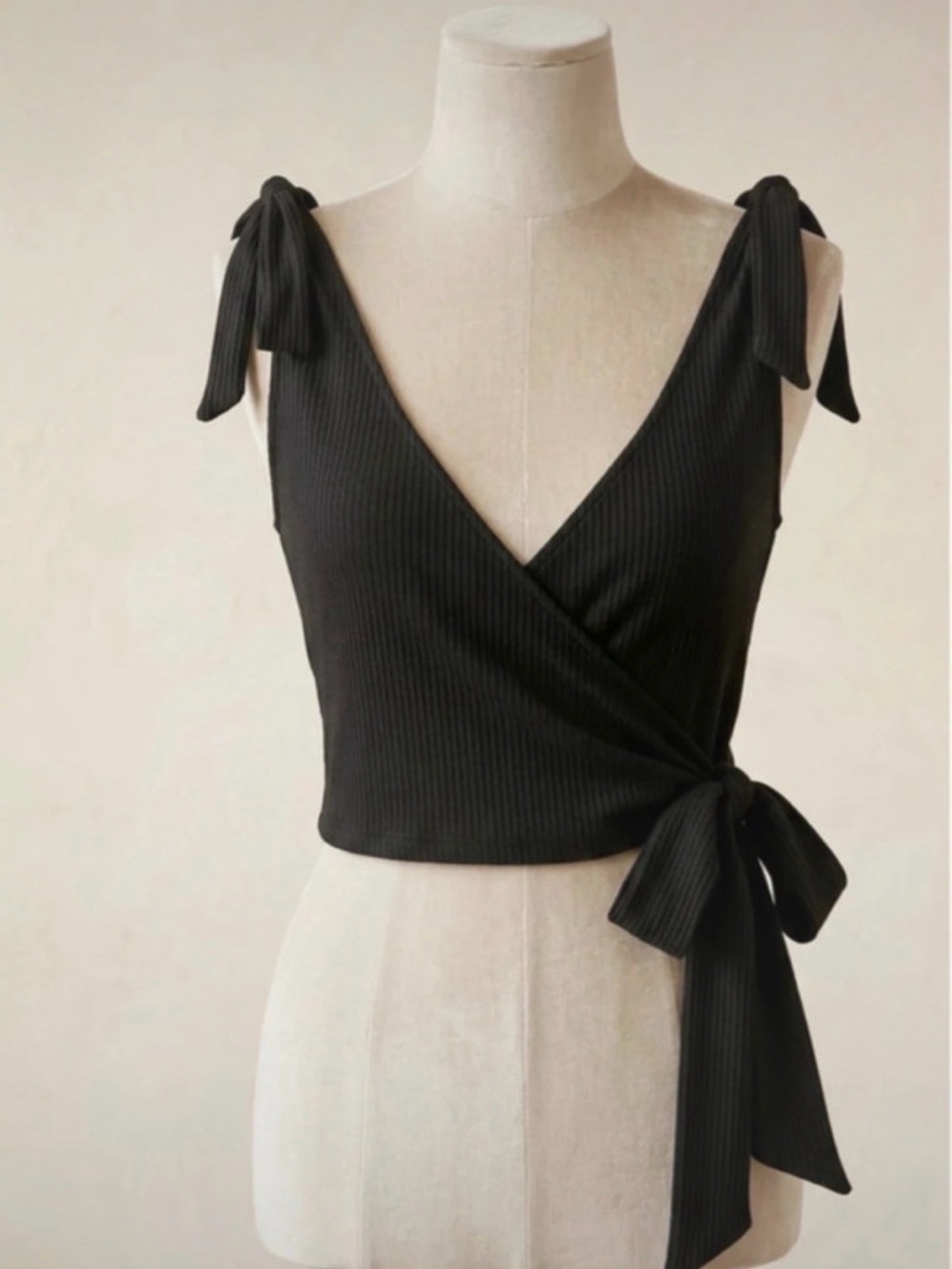 We The Free Black Ribbed Wrap Crop Top with Shoulder Ties
